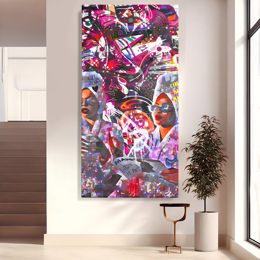 Tablou canvas cu tablou canvas cu femei si graffitti, fara rama, pe sasiu de lemn